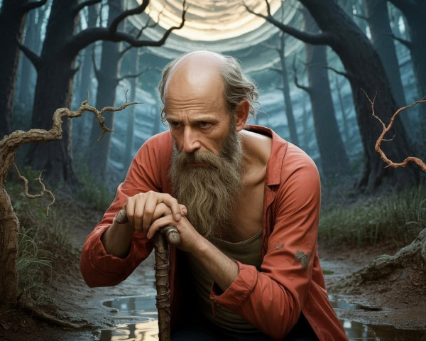 Elderly Man in Misty Forest with Wooden Staff