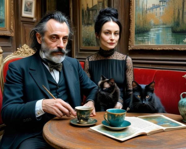 Elegant Room with Man, Woman, and Two Black Cats