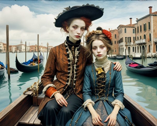 Elegant Women in Vintage Clothing on a Serene Canal