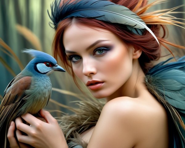 Woman with Red Hair and Colorful Bird in Nature