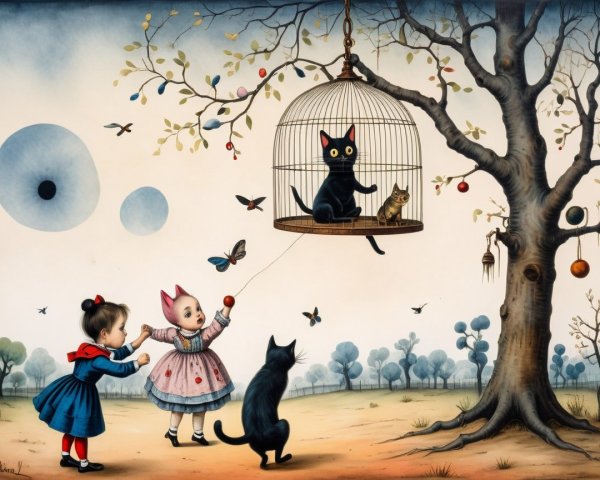 Children Playing Under a Tree in a Whimsical Landscape