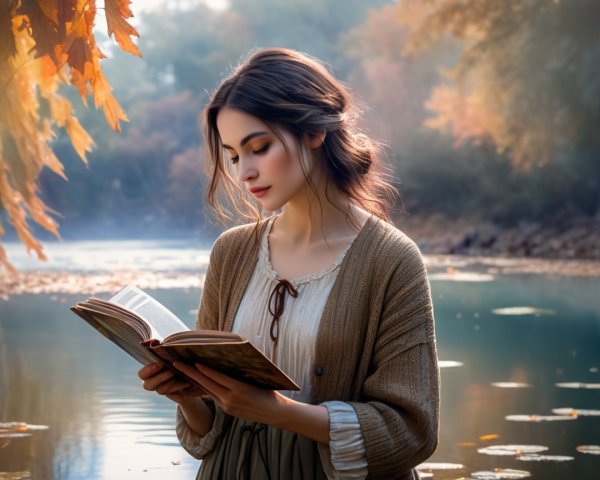 Young woman reading by a serene autumn river