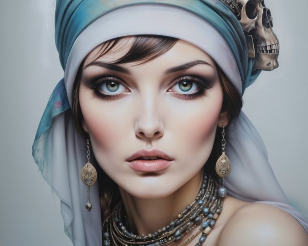 Portrait of a Young Woman with Green Eyes and Headscarf