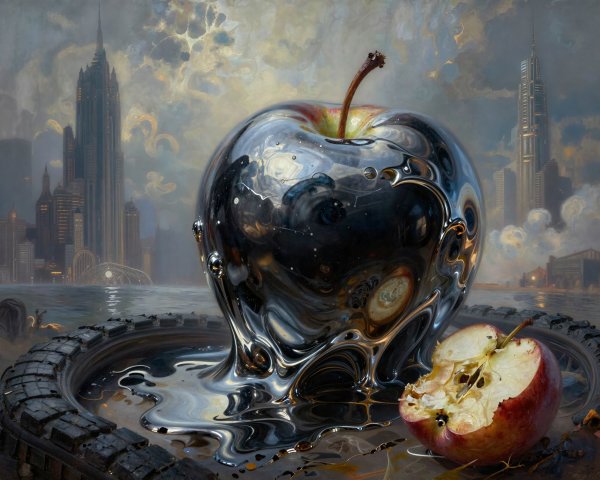 Surreal painting of vibrant apple and glossy chrome apple
