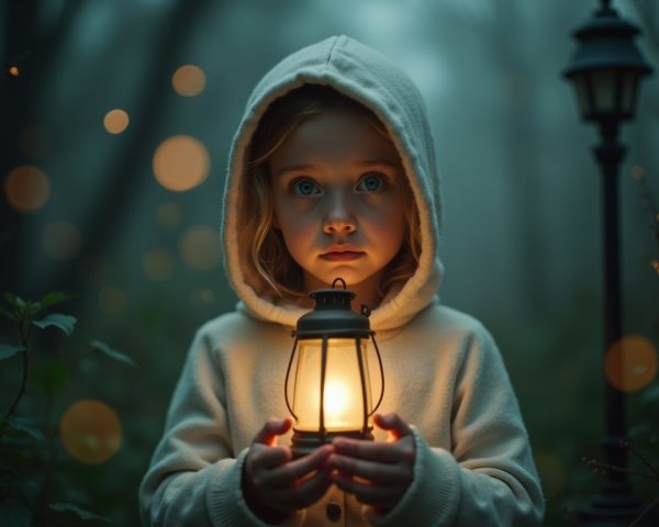 Misty Forest Scene with Girl and Glowing Lantern