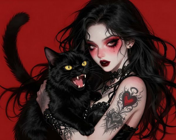 Gothic Woman with Black Cat on Red Background