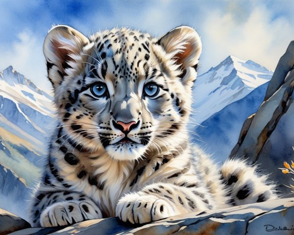 Snow Leopard Cub on Rocky Ledge in Mountain Habitat