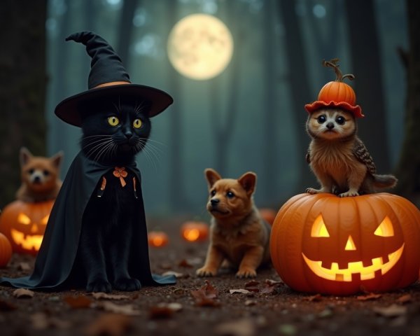 Whimsical Halloween Scene with Cat and Pumpkins