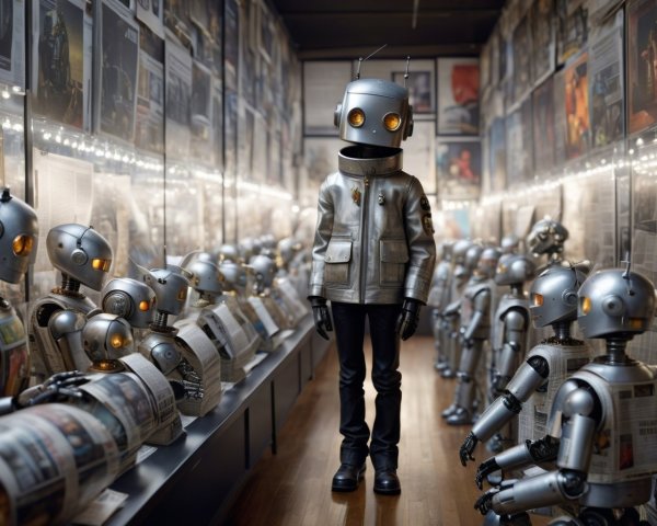 Futuristic Robot Exhibit with Vintage Companions