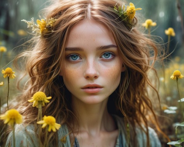 Young woman with flowers in hair amid greenery