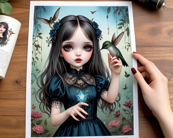 Whimsical Portrait of Girl with Hummingbird and Roses