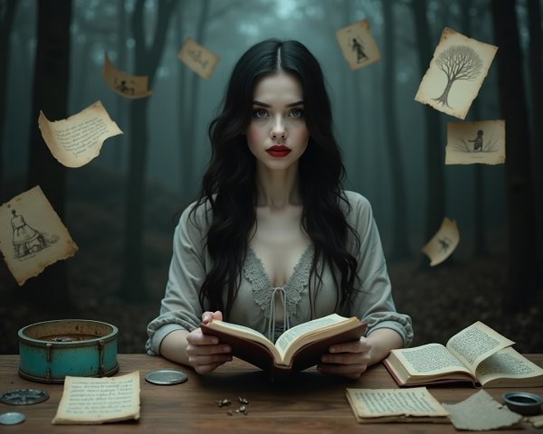 Young woman reading in an enchanted forest setting