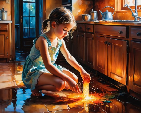 Young girl in blue dress admires spilled candies in kitchen