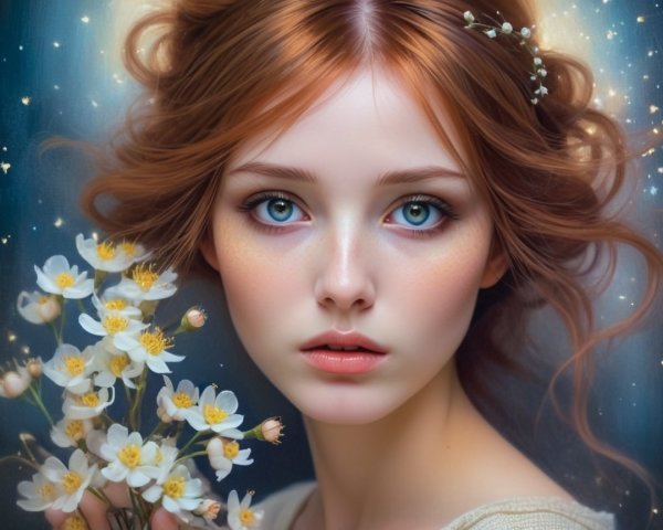 Young woman with blue eyes and floral bouquet