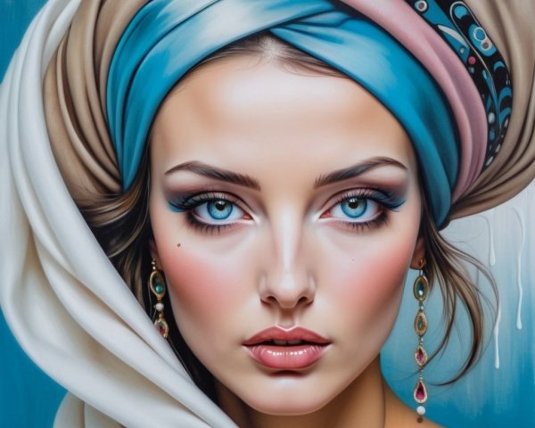 Portrait of a Woman with Blue Eyes and Headscarf