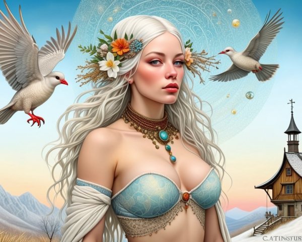 Woman with White Hair and Doves in Enchanting Scene