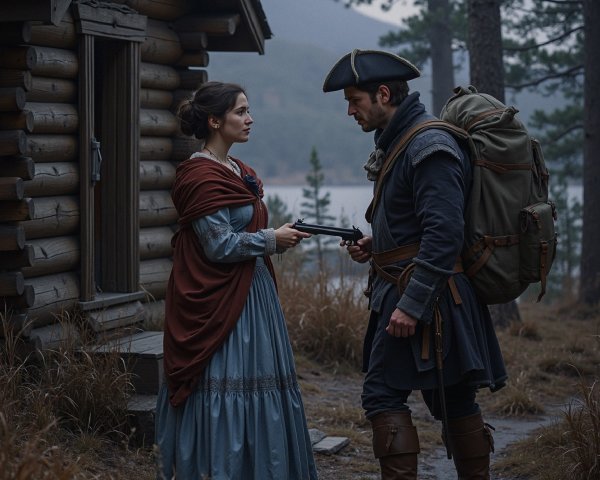 Misty Landscape with Woman and Soldier by Cabin