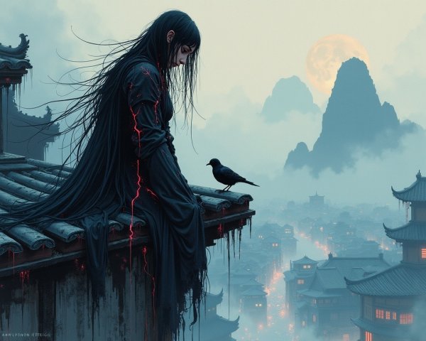 Mystical Rooftop Scene with Asian Architecture and Crow