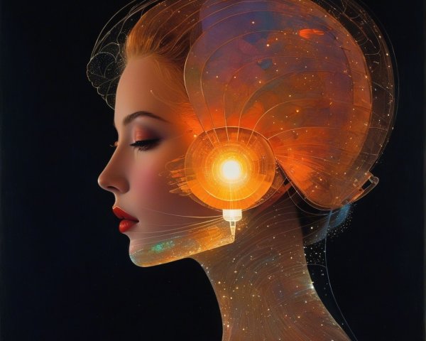 Futuristic Woman with Abstract Headset and Cosmic Patterns