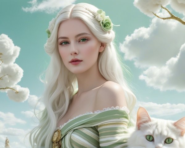 Serene figure with white hair in dreamy landscape