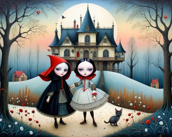 Enchanting Girls in Whimsical Landscape with Mansion