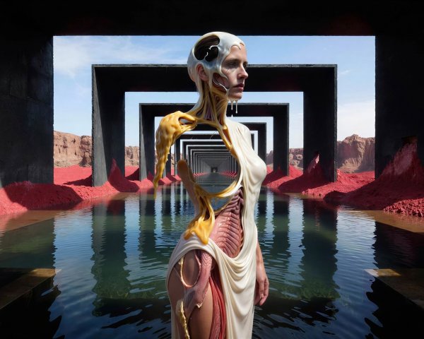 Surrealistic Female Figure in Desert Landscape