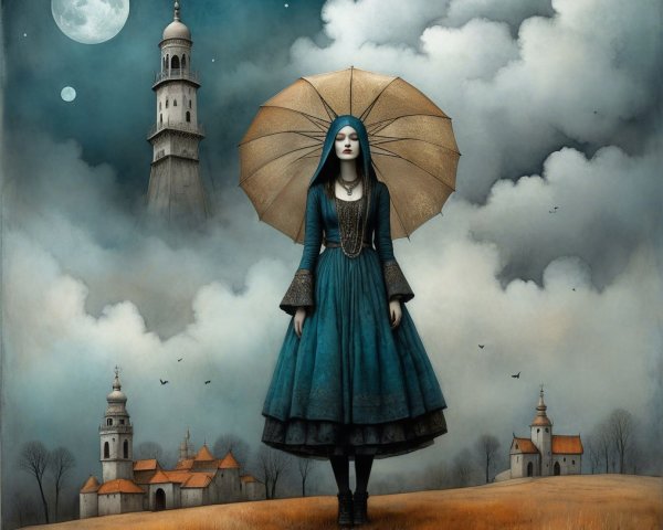Woman in blue dress with umbrella under moonlit sky & floating lantern, medieval town background
