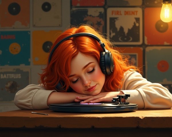 Young woman with red hair enjoying music at home