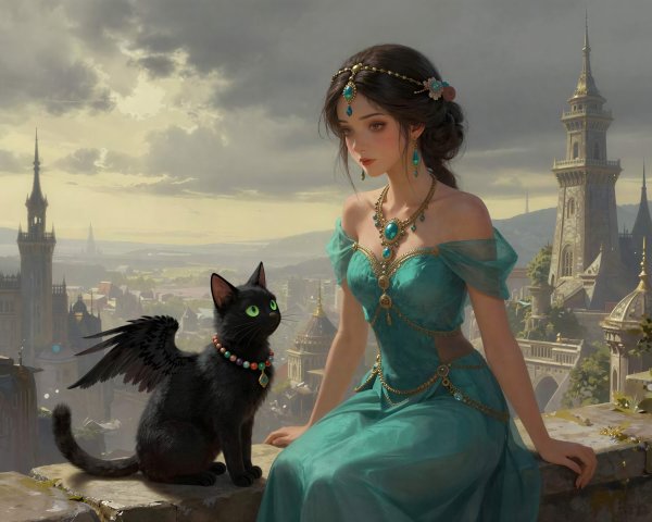 Princess in Teal Dress Overlooking Fantasy Cityscape