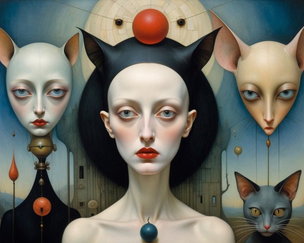 Surreal Composition with Ethereal Woman and Cat Figures