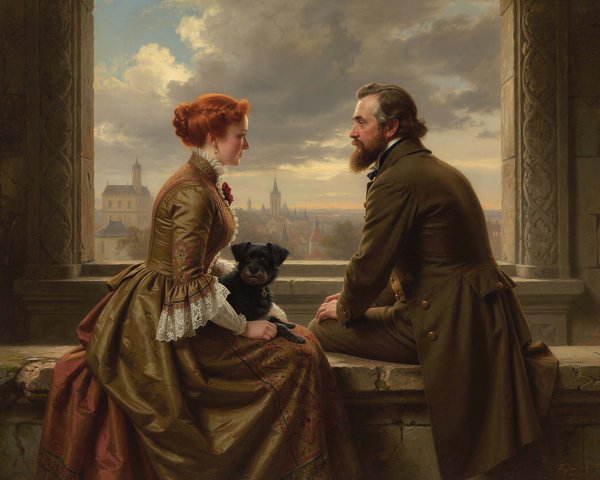 Historical Painting of Two Figures and a Dog at Dusk