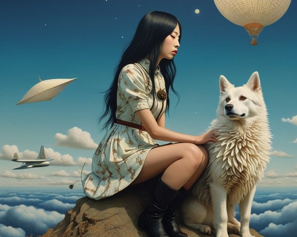 Young Woman with Dog in Whimsical Outdoor Setting