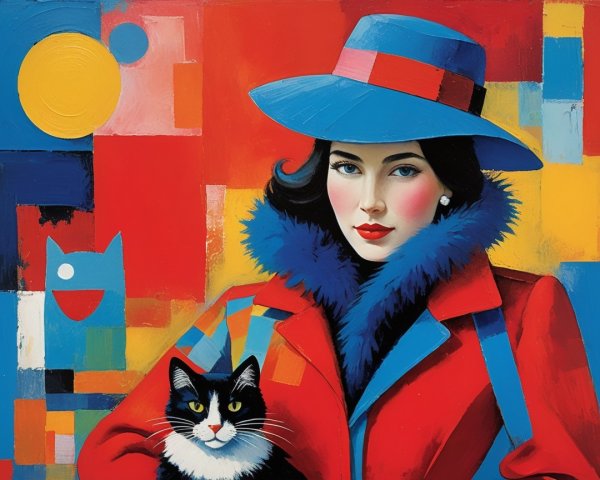 Colorful Painting of Woman in Red Coat with Cat