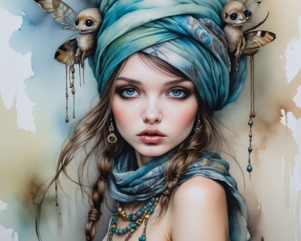 Portrait of a Young Woman with Blue Eyes and Turquoise Scarf