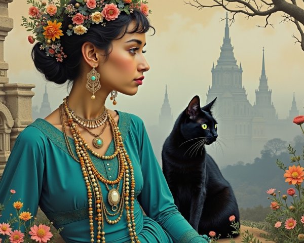 Woman in Teal Garment with Black Cat and Flowers