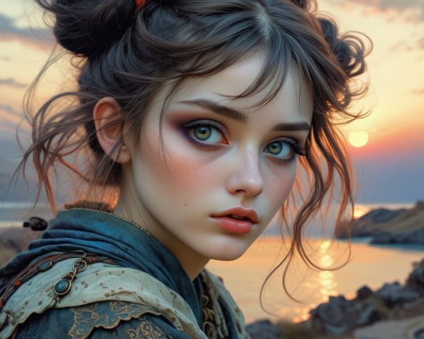 Young woman with green eyes in vintage outfit by sunset