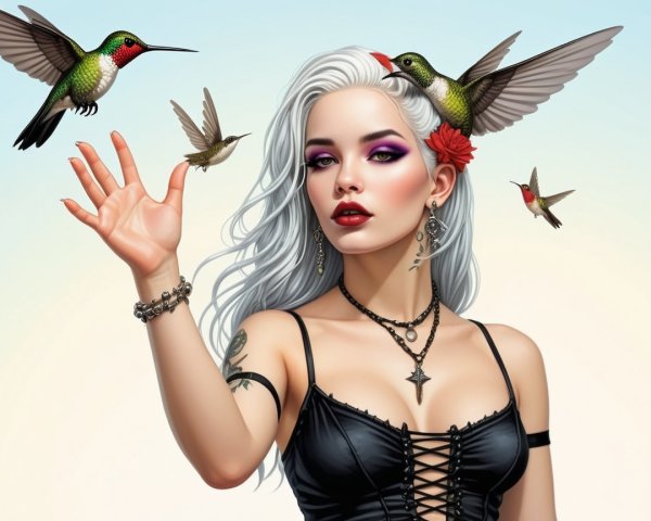 Striking Woman with Silver Hair and Colorful Hummingbirds