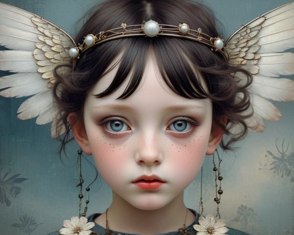 Portrait of a girl with blue eyes and ethereal wings