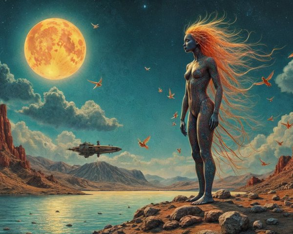 Fantastical Landscape with Ethereal Figure and Moonlight