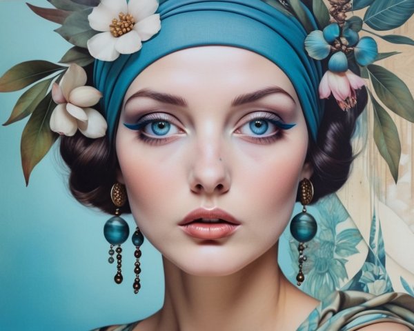 Portrait of a Woman with Blue Eyes and Headscarf