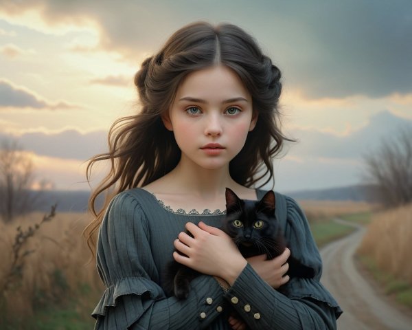 Young girl in vintage dress holding a black cat at sunset