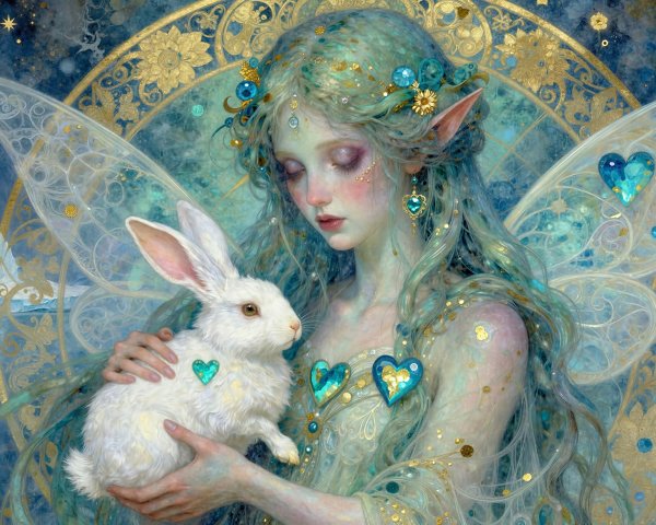 Ethereal Fairy with Blue-Green Hair and Rabbit