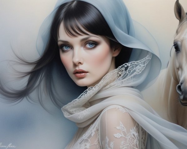 Elegant Woman with Veil and Majestic Horse