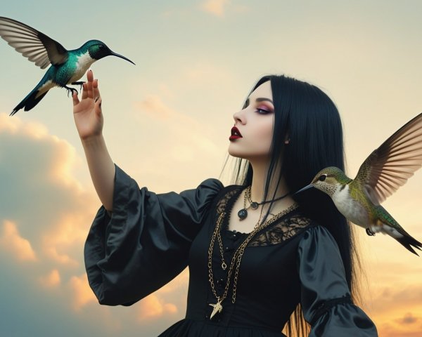 Elegant woman in black dress with hummingbirds at sunset