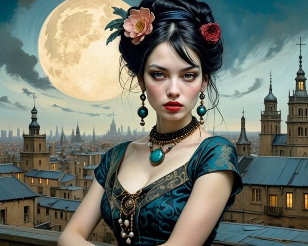 Young woman in elegant dress with moonlit skyline