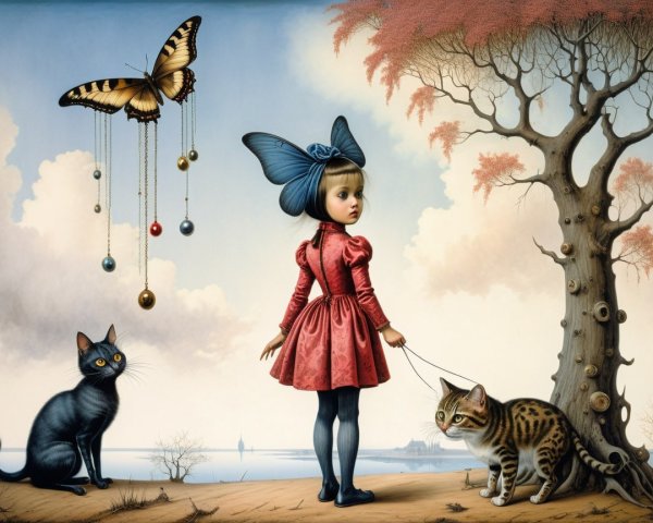 Whimsical Scene of a Girl and Surreal Landscape