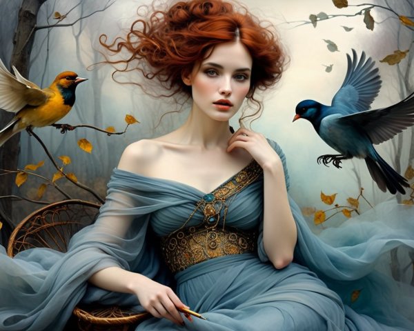 Woman in Blue Gown in Serene Forest Setting