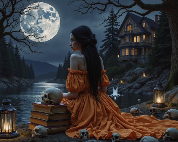 Mystical Moonlit Scene by a River with Books and Skulls