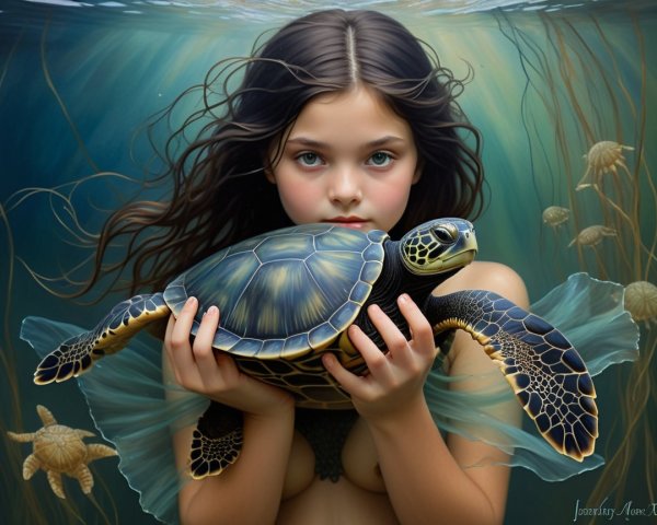 Young girl cradles sea turtle in serene underwater scene