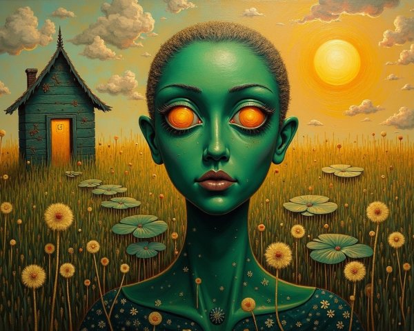 Figure with Green Skin and Orange Eyes in Landscape